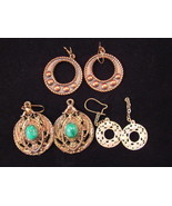 LARGE ROUND EARRINGS 3 PAIRS ORNATE ROUND GOLD TONE HOOK BACK DANGLE EAR... - £7.82 GBP