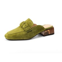 Ppers sweet kid suede leather slippers thick heel square toe outdoor dark green concise thumb200