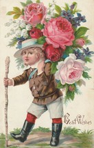 Vintage Postcard Best Wishes Boy with Roses and Walking Stick Embossed 1907 - £7.73 GBP