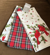 Rachel Ashwell Set Of 3 Kitchen Towels Red Cardinals Holly Berry New Plaid - £21.11 GBP
