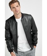 Chaqueta de cuero negra para hombre Bomber Pure Lambskin hecha a mano elegant... - $116.31 - $135.08