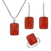 Geo Sleek Rectangle Red Coral .925 Stering Silver Jewelry Set-9 - £22.88 GBP