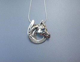 Horse  in horseshoe  pendant with stone eye &amp; chain  sterling silver  Fo... - $93.00