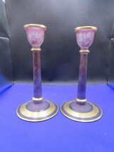 Bohemian Pair of Candle Holders Pink Frosted Glass and Gold 7 1/2&quot; - £97.12 GBP