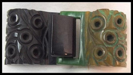 Art Deco Carved and Drilled Bakelite Buckle Marbleized Green &amp; Black - $50.00