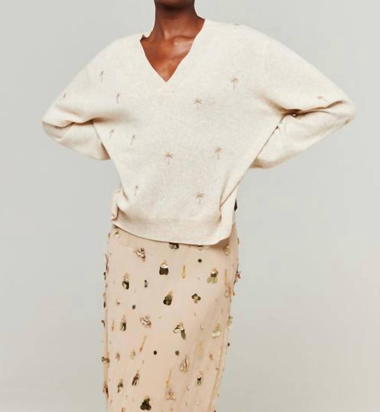 Brodie Cashmere Palm Embroidered Cashmere V-Neck Size XS - $196.02