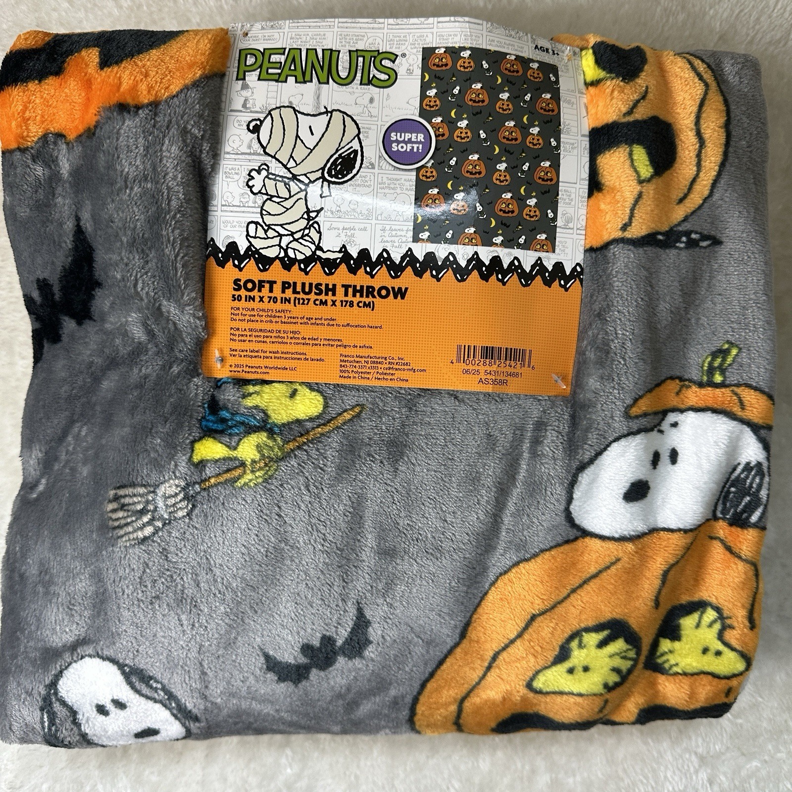 PEANUTS SNOOPY Halloween Pumpkin Soft Plush Throw Blanket 50 x 70in  Item image 3
