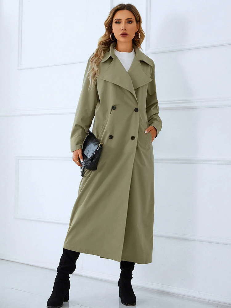 Long Sleeve Elegant Green Casual Trench  Autumn Winter Solid Color V Neck Sweet  - £233.60 GBP