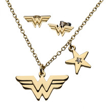 Wonder Woman Stud Earrings &amp; Pendant Necklace Set Gold - £32.03 GBP