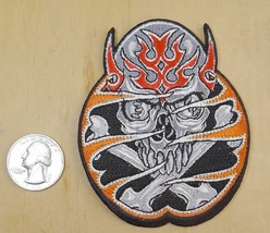 TRIBAL SKULL &amp; CROSSBONES FLAMES HORNS IRON-ON / SEW-ON  PATCH 2.75&quot;x 3.5&quot; - $4.79