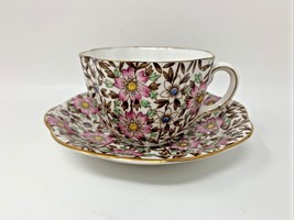 Taylor &amp; Kent Chintz Footed Cup &amp; Saucer Bone China, Longton England Brown Pink - £30.33 GBP