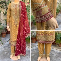 Pakistani Mustard Straight Style Embroidered Sequins 3pcs Chiffon Dress,Small - £104.66 GBP
