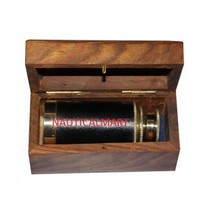 VINTAGE NAUTICAL BRASS AND LEATHER PULLOUT TELESCOPE WITH BROWN WOODEN B... - $29.00