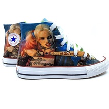 Harley Quinn Joker Fan Art Custom Converse All Star Sneakers Chuck Taylors  - £78.55 GBP+