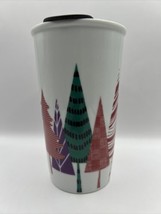 Starbucks Christmas Holiday Travel Tumbler 11 Oz Trees White Ceramic w/ Lid 2017 - £10.79 GBP