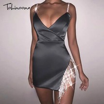 Tobinoone Satin 2021 Summer Rhinestone Christmas Dress Women Backless Bodycon Mi - £54.06 GBP