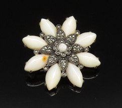 925 Silver - Vintage Mother Of Pearl &amp; Marcasite Flower Brooch Pin - BP9851 - £56.11 GBP