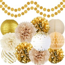 Gold White Party Decorations Tissue Pom Poms Paper Lanterns Honeycomb Ball Paper - £31.13 GBP