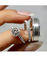 14k White Gold Over Trio Set His And Hers Diamond Engagement Bridal Wedd... - $166.58 CAD
