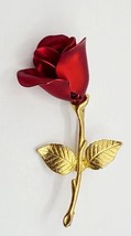 Vintage Solitaire Gold Tone Single Stem Open Red Rose Enamel Brooch Pin ... - £7.72 GBP