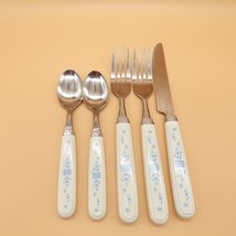 Vintage Utensils Set of 5 Blue Flower 2 Forks 2 Spoons 1 Knife - £18.25 GBP