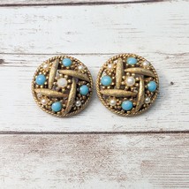 Vintage Clip On Earrings Statement Circle Gold Tone with Light Blue &amp; Faux Pearl - £13.13 GBP