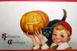 Halloween Postcard Boy Black Cat JOL Pumpkin Series 120 Frances Brundage Germany - £51.21 GBP