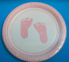 Baby Shower Girl Pink Foot Print Round Paper Plates 8 CT 6 7/8in. Celebr... - £10.19 GBP