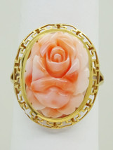 Natural Coral Carved Rose Oval Cabochon Filigree Ring 14k Gold Size 8 - £621.56 GBP