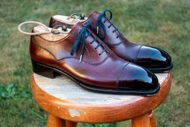 Handmade Men Genuine Burgundy Leather Cap Toe Oxford Lace Up Dress Formal Shoes - £104.49 GBP+
