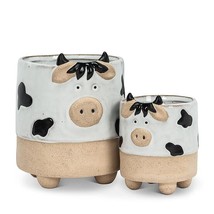 Cow Planter Pots Set of 2 with Legs Farmhouse Stoneware 5" and 3" high Cream Tan image 1