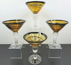 4 Hand Blown Amber Black Rim Swirl Martini Glasses Set 6 3/4&quot; Art Glassware Lot - £36.49 GBP