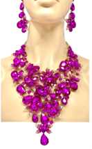 Luxurious Bib Statement Party Necklace Earring Set Fuchsia Pink Fuchsia Crystals - £76.12 GBP