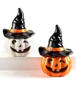 Halloween Pumpkin Statue Set of 2 LED Ceramic 7.65&quot; High Witches Lights Up - £31.60 GBP