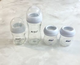 Philips Avent 2 Glass, 2 Plastic Baby Bottles Wide Neck 4 Rings 2 Caps - £5.33 GBP