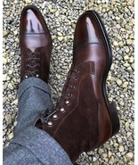 High Ankle Dark Maroon Tone Magnificiant Leather Men Lace Up Cap Toe Boots - £127.59 GBP+