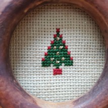 Vintage Cross Stitch Ornament, Needlepoint Christmas Tree In Wood Ring, Handmade image 2
