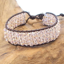 Shimmering Four Row Pink Luster Crystal Net Leather Bracelet - £13.34 GBP