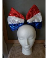 Headband with Large Sequin Bow Red White Blue Patriotic USA Americana - $4.95