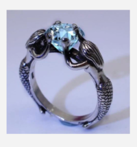 Silver Mermaid Ring With Light Blue Gemstone Ring Size 5 6 7 8 9 10 - £27.45 GBP