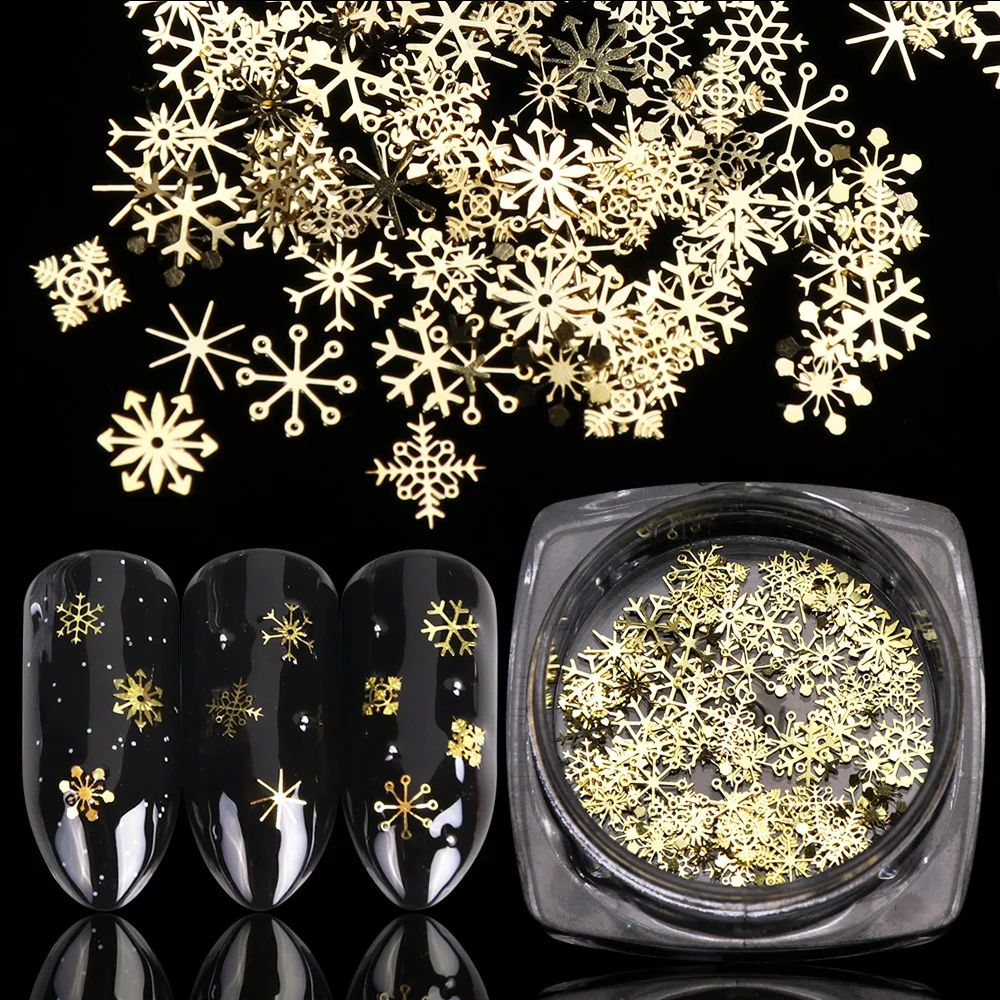 1 BOX Hollow Out Gold Nail Glitter Sequins Snow Flakes Mixed Design Decorations - £7.75 GBP+