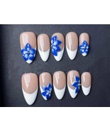 3D blue floral white French tips nude base handmade press-on elegant flo... - $26.99