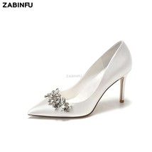 Classic Women Pumps Luxury Rabbit Rhinestone Silk Wedding Shoes Bridal Heels Whi - £40.45 GBP