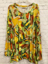 LOGO by Lori Goldstein Womens Medium Tunic Top Gold Green Tropical Print Pockets - £15.72 GBP