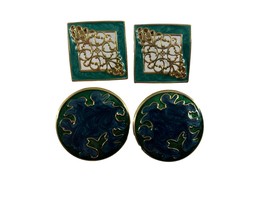 Vintage Gold Tone Green Enamel Earrings Lot of Two Round Square No Backs... - £14.90 GBP