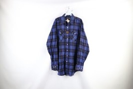 NOS Vtg 70s Streetwear Mens Large Tall Collared Flannel Button Shirt Blue Plaid - £58.01 GBP