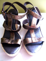 NEW Born Copper Metallic Brown Leather Strappy Straw Wedge Heels Sandals... - $87.12