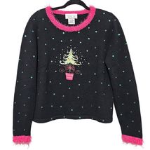 Vintage Mandal Bay Ugly Christmas Sweater S Black Sequin Tree Fuzzy Pink... - $18.99