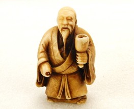 Netsuke Figurine, Robed Oriental Man Ringing Bell, Ivory Tone Resin, Vin... - $9.75