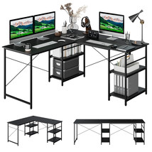 95&quot; Convertible L-shaped Corner Computer Desk 2-Person Long Desk Shelves Black - £175.05 GBP